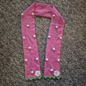 NWOT Wool Cashmere Pink Scarf with Floral and Pom Pom Accents Gold Heart Charm